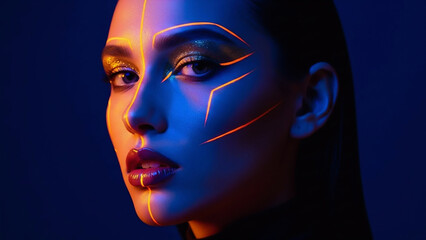 
A striking high-fashion portrait of a woman bathed in deep blue light. Vibrant neon orange geometric lines glow across her face and lips, paired with shimmering gold glitter eyeshadow.
