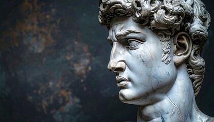Close-up of a marble sculpture of a man, set against an abstract backdrop