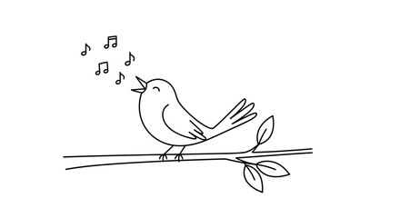 Simple line art drawing of a singing bird on a branch with musical notes above it suitable for