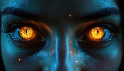 Intense glowing orange eyes with intricate detail stare forward against dark skin. Blue light reflects across face. Mysterious gaze. Sharp focus on iris texture. Vivid colors pop.