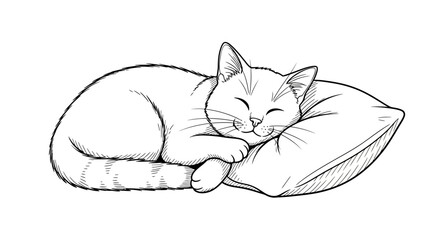 Adorable hand drawn illustration of a cat sleeping peacefully on a soft pillow sketch style © saipur