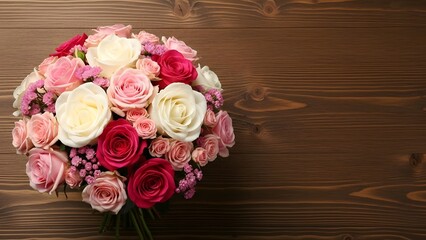 A bouquet of roses in various shades of pink red and white on a wooden background