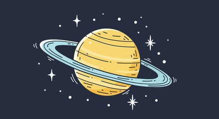 Hand drawn cartoon style illustration of saturn and stars in space with light blue rings © saipur