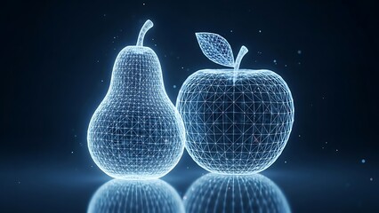 Wireframe Pear and Apple Digital Illustration.