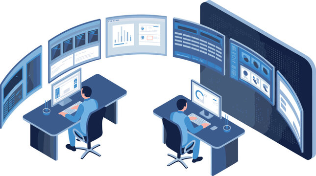 Isometric cybersecurity operations center illustration, analysts monitoring data dashboards, network security control room, digital defense technology concept design