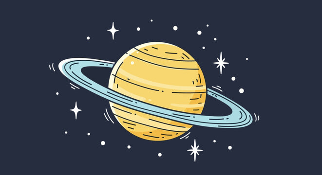 Hand drawn cartoon style illustration of saturn and stars in space with light blue rings