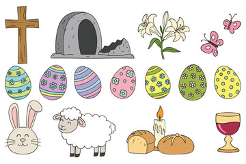 Easter Sunday Doodle Illustration Set with Religious and Spring Elements