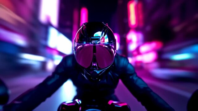 Motorcycle rider in reflective helmet races through a city illuminated by vibrant neon lights at night