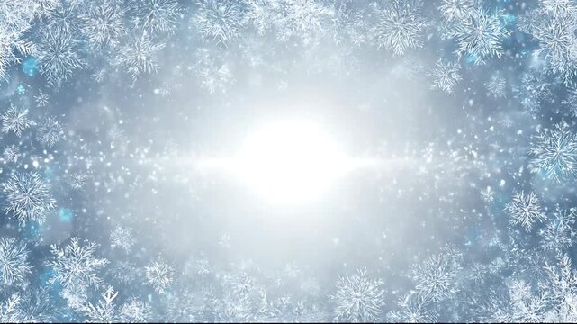 A serene winter landscape with snowflakes gently falling around a radiant light source, viewed from a close-up perspective