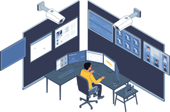 Isometric security surveillance control room illustration, CCTV cameras monitoring data screens, operator analyzing footage, modern security system concept