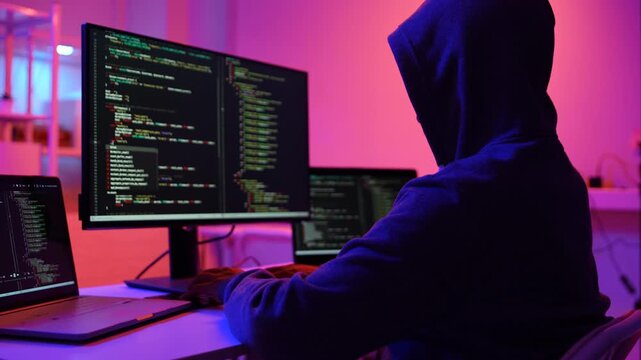 Hacker scammer coding trojan or computer virus to hacking security system break secret organization system. 