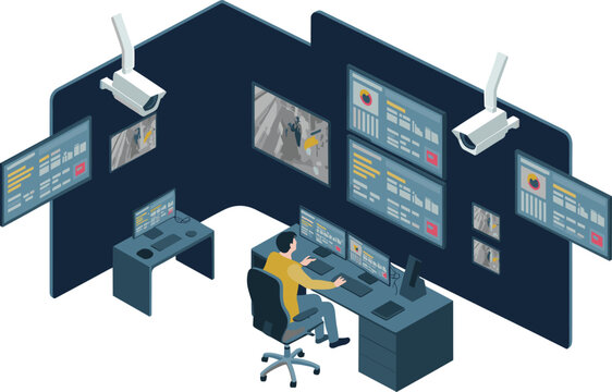 Isometric security surveillance control room illustration, CCTV cameras monitoring data screens, operator analyzing footage, modern security system concept
