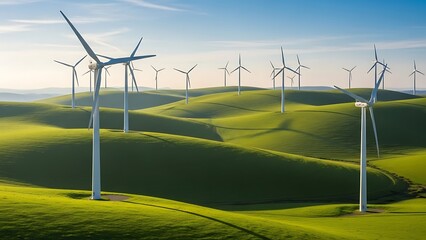 Wind Turbines on Rolling Green Hills Under a Blue Sky.