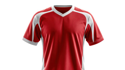 Red sports jersey mockup isolated representing football soccer team uniform apparel template design professional athletic breathable fabric modern training on white background