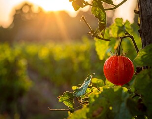 Close-up of a red fruit glowing against a sunlit vineyard