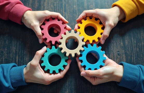 People join colorful gears together to show teamwork, collaboration. Hands connect parts of mechanism forming unity, partnership. Different individuals contribute to common goal, building something
