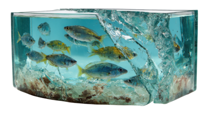 Frozen fish trapped inside cracked ice block symbolizing climate change global warming environmental crisis ocean pollution concept on white background