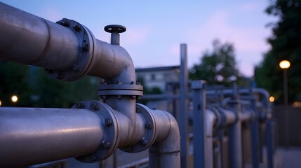 Industrial pipeline network with valves and flanges at twilight
