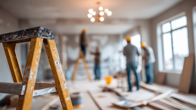 Interior renovation scene with a yellow stepladder prominently in the foreground. Blurred construction workers are visible in the background, working