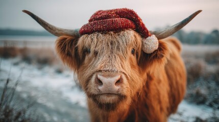 A fluffy, brown cow with long horns wears a festive red and white hat in a snowy landscape. The cow's gaze is directed at the viewer