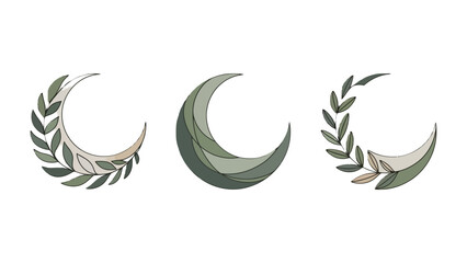 Moon crescent emblem sets: A collection of crescent moon emblems, each adorned with botanical elements, radiates a sense of tranquility and a hint of esoteric allure.