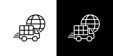 Global shipping and delivery truck moving across the globe icon illustration
