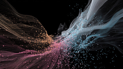 Vibrant Abstract Data Waves With Colorful Particles Flowing Across a Black Background