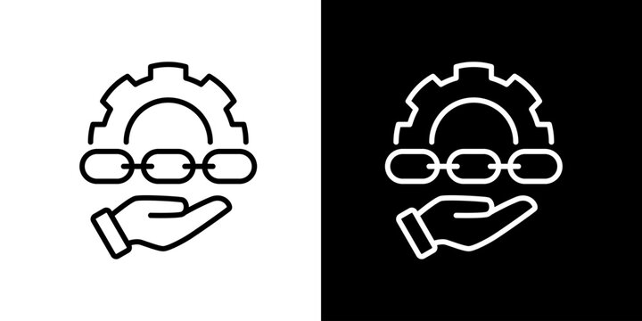 Line art icon of a hand holding a chain and gear, symbolizing secure technology processes, robust system integration, and reliable digital service support