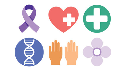 Obraz premium Health and Wellness Icons: Symbolic illustrations of health and well-being, featuring a ribbon, heart, cross, DNA, hands, and flower, conveying messages of support and awareness.