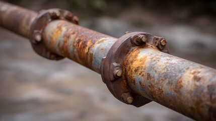A heavily rusted metal pipeline with visible joints and bolts showing signs of age and corrosion