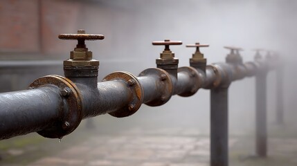 Rusty industrial pipeline with valves emitting steam in a foggy atmospheric outdoor setting