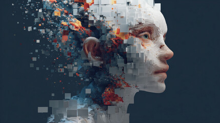 Abstract AI Concept: Fragmented Digital Head and Cubic Disintegration Visualized
