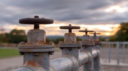 Industrial pipeline with weathered valves under a dramatic sunset sky
