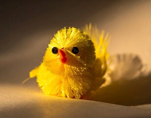 Close-up of a small, fluffy, yellow feathered bird figure, soft lighting