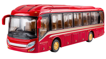 Red toy bus miniature vehicle model realistic transport concept childhood play collectible plastic coach detailed scale diecast isolated object on white background