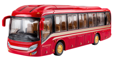 Red toy bus miniature vehicle model realistic transport concept childhood play collectible plastic coach detailed scale diecast isolated object on white background