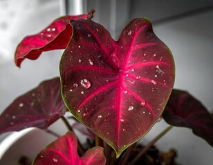 Close-up of a vibrant, heart-shaped leaf with water droplets