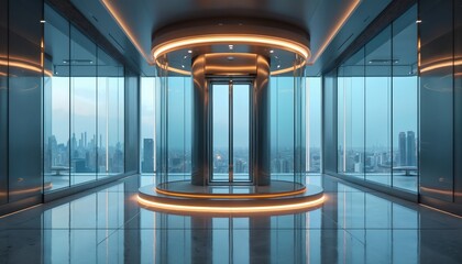 Modern glass elevator and lobby with city view. Futuristic interior design, high tech architecture. Sleek podium, bright orange lighting effects.