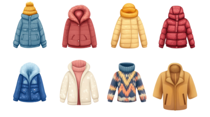 Warm winter clothes icons set cute winter wear png on transparent background