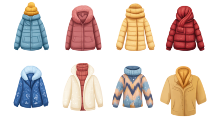 Warm winter clothes icons set cute winter wear png on transparent background