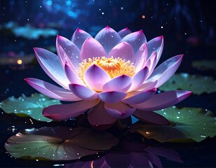 Close-up of a vibrant lotus flower with serene reflections on water