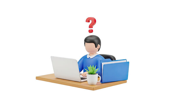 Confused person at desk with laptop and question mark