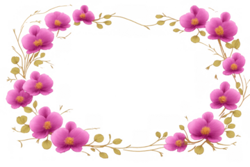 Pink orchid flowers and golden leaves creating an elegant oval botanical wreath frame on transparent background