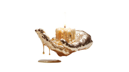 Golden human hand holding melting candle symbolic hope faith spirituality surreal art concept luxury illustration isolated object on white background