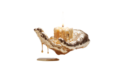 Golden human hand holding melting candle symbolic hope faith spirituality surreal art concept luxury illustration isolated object on white background