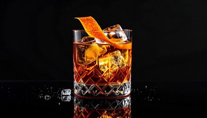 Crystal glass cocktail with ice, orange peel garnish, on a reflective black surface
