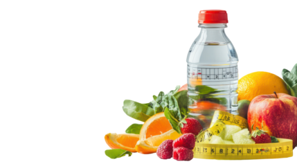 Water bottle fresh fruits and measuring tape minimal stock still life on transparent background