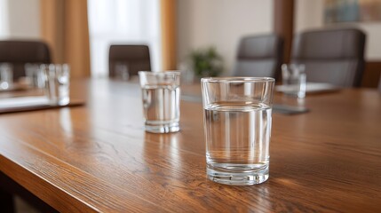 Conference room setup with glasses of water on a wooden table prepared for a business meeting