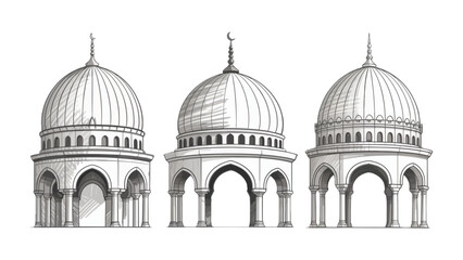 Fototapeta premium Architectural Domes of Faith: An exquisite architectural drawing showcases three meticulously crafted domes, each adorned with intricate details and spiritual symbolism.
