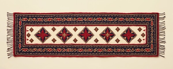 Palestinian tatreez embroidery shows geometric patterns in red blue, tan on cream fabric. Decorative textile band features fringed edges, intricate floral motifs. Ethnic craft displays cultural art.